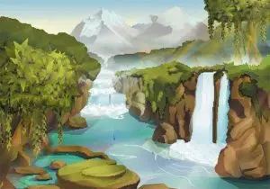دانلود وکتور لایه باز منظره طبیعی آبشار و رودخانه کوهستانی