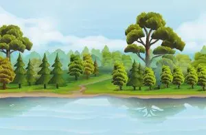 دانلود وکتور لایه باز نقاشی منظره دیجیتال دریاچه و جنگل با مسیر طبیعت