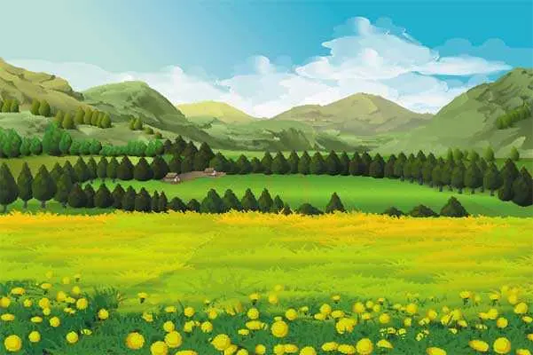 دانلود وکتور لایه باز نقاشی منظره دیجیتال دشت سرسبز با کوهستان و درختان