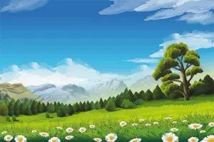 دانلود رایگان وکتور لایه باز نقاشی منظره دیجیتال دشت با گل‌ها، درختان و کوهستان