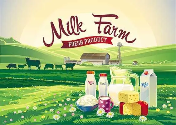 دانلود وکتور لایه باز پوستر مزرعه تولید محصولات لبنی و شیر تازه