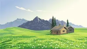 دانلود وکتور لایه باز منظره روستایی با کلبه چوبی و کوهستان 