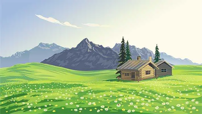 دانلود وکتور لایه باز منظره روستایی با کلبه چوبی و کوهستان 