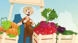 دانلود وکتور لایه باز غرفه میوه و تره‌بار با کاراکتر کشاورز