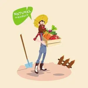 دانلود وکتور لایه باز کاراکتر کشاورز و محصولات طبیعی مزرعه‌ای