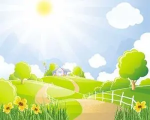 دانلود وکتور لایه باز نقاشی دیجیتال منظره طبیعت و خانه روستایی