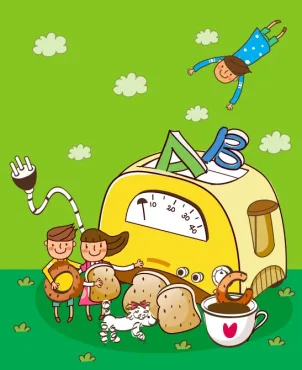 دانلود وکتور لایه باز نقاشی آموزش حروف الفبا به کودکان همراه با نان توستر