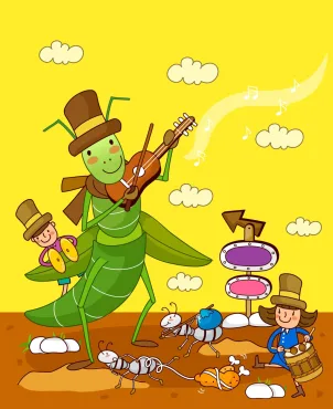 دانلود وکتور لایه باز نقاشی کودکانه موسیقی و مورچه و ملخ