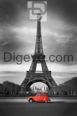 عکس با کیفیت برج ایفل و ماشین قرمز ، پاریس