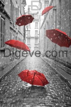 دانلود عکس با کیفیت سیاه و سفید خیابان با چترهای قرمز