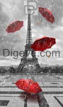 دانلود عکس با کیفیت سیاه و سفید برج ایفل با چترهای قرمز