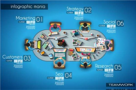 دانلود وکتور لایه باز اینفوگرافی کار تیمی و طوفان فکری