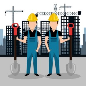 دانلود وکتور لایه باز دو کارگر ساختمانی با کلاه ایمنی و بیل