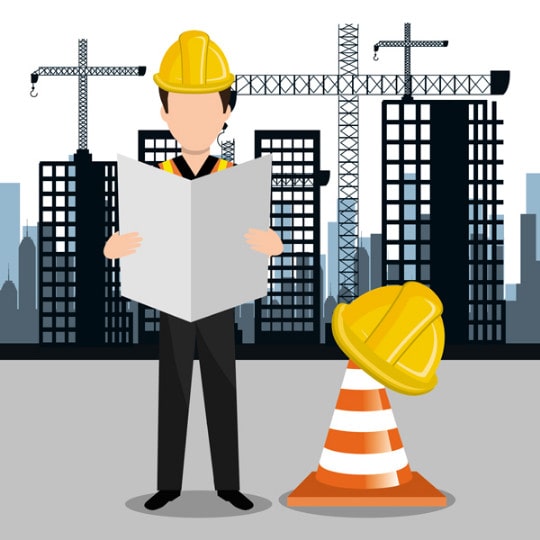 دانلود وکتور لایه باز مهندس ساختمانی در حال بررسی نقشه پروژه