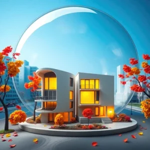 دانلود عکس با کیفیت خانه مدرن در پاییز و یک کره شفاف