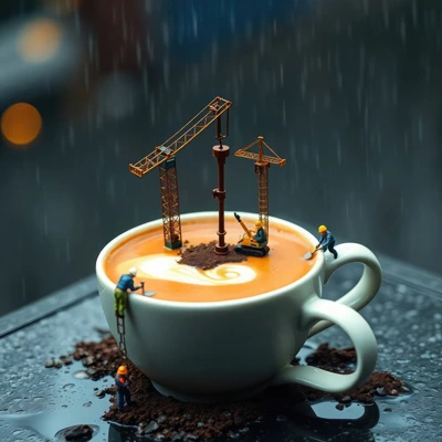 عکس کارگران مینیاتوری در حال ساخت یک فنجان قهوه