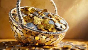 عکس با کیفیت سبدی از سکه و ثروت