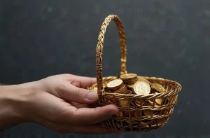 دانلود عکس با کیفیت سبد پر از سکه‌های طلایی