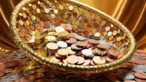 عکس با کیفیت سبد پر از سکه‌های طلایی و نقره‌ای