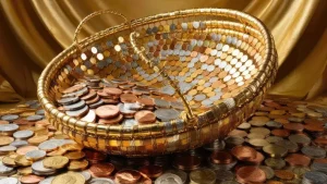 عکس با کیفیت سبدی پر از سکه‌های طلایی و نقره‌ای