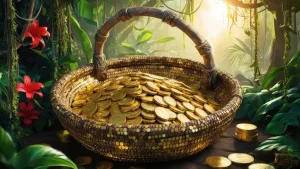 دانلود عکس با کیفیت سبد پر از سکه‌های طلا در طبیعت