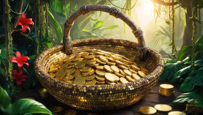 دانلود عکس با کیفیت سبد پر از سکه‌های طلا در طبیعت