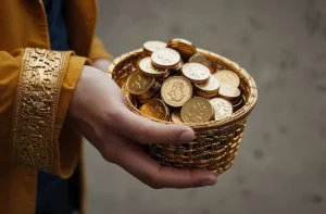 دانلود عکس با کیفیت سبد پر از سکه‌های طلایی
