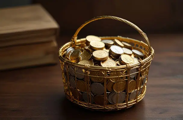 دانلود عکس با کیفیت سبد پر از سکه‌های طلایی