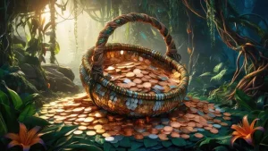 دانلود عکس با کیفیت سبد پر از سکه‌ در طبیعت
