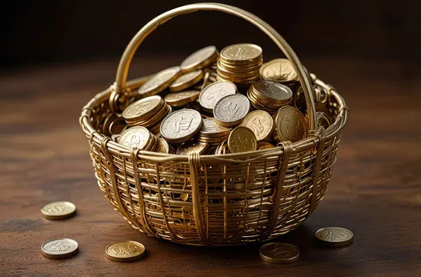 دانلود عکس با کیفیت سبد پر از سکه‌های طلایی
