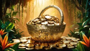 دانلود عکس با کیفیت سبد پر از سکه‌ در طبیعت