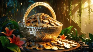دانلود عکس با کیفیت سبد پر از سکه‌های طلا در قلب طبیعت