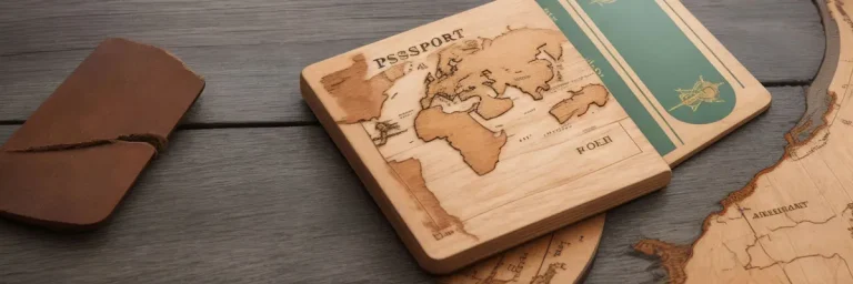 دانلود عکس با کیفیت کاور پاسپورت چوبی با نقشه جهان