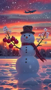 دانلود عکس با کیفیت زیبایی غروب زمستانی با آدم‌ برفی