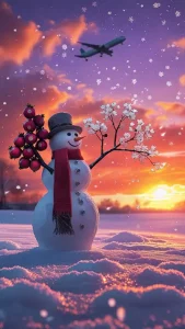 دانلود عکس با کیفیت آدم‌برفی، زمستان با ترکیب زیبای برف، انار و شکوفه‌ها