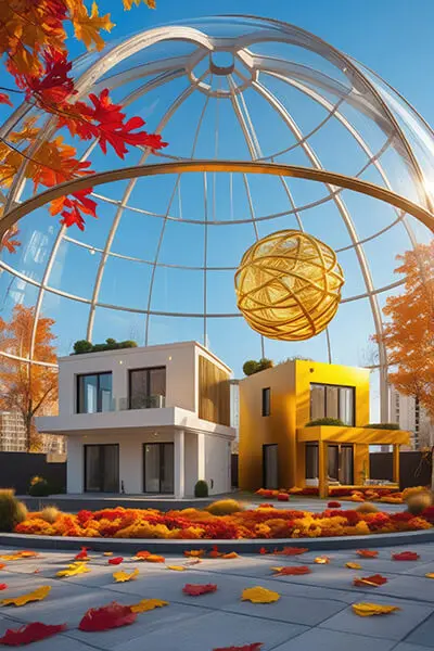 دانلود عکس با کیفیت ویلا مدرن در گنبد شیشه‌ای با کره طلایی مرکزی