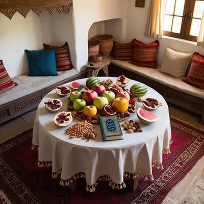 دانلود عکس با کیفیت سفره زیبای شب یلدا با میوه و کتاب حافظ