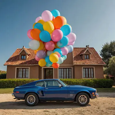 دانلود عکس با کیفیت ویلا در کنار خودروی کلاسیک و بادکنک‌های رنگی