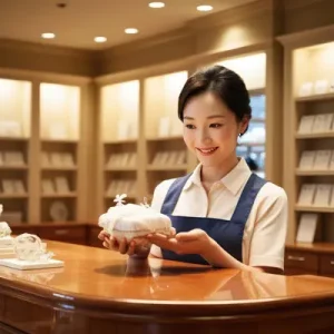 دانلود عکس با کیفیت ارائه کالای کادوپیچ‌شده به مشتری در فروشگاه لوکس