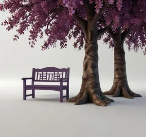 دانلود عکس با کیفیت ماکت نیمکت بنفش و درخت بنفش