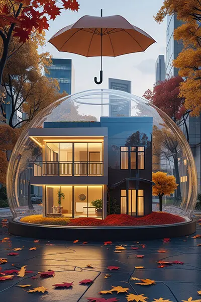 دانلود عکس با کیفیت خانه مدرن در حباب شیشه‌ای با چتر محافظ