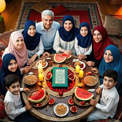 دانلود عکس با کیفیت دورهمی گرم خانواده با سفره‌ی یلدا و هندوانه
