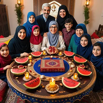 دانلود عکس با کیفیت دورهمی گرم خانواده با سفره‌ی یلدا و هندوانه