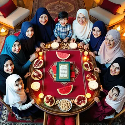 دانلود عکس با کیفیت دورهمی گرم خانواده با سفره‌ی یلدا و هندوانه