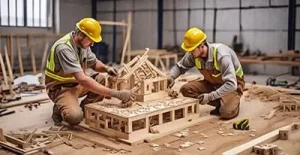 دانلود عکس با کیفیت  کار تیمی در ساخت ماکت ساختمان چوبی