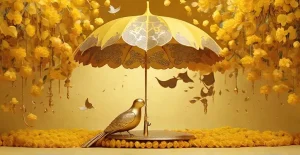 دانلود عکس با کیفیت پرنده طلایی و گل‌های زرد