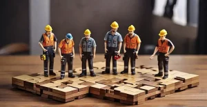 دانلود عکس با کیفیت کارگران مینیاتوری بر روی پازل چوبی