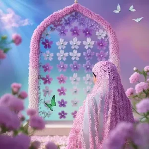 دانلود عکس با کیفیت بانویی با حجاب گل در باغی رویایی