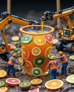 دانلود عکس با کیفیت کارگران مینیاتوری در حال ساخت لیوان آبمیوه طبیعی با میوه‌های تازه