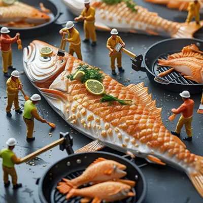 دانلود عکس با کیفیت عملیات پخت و تزئین ماهی